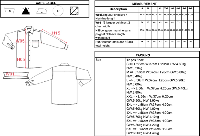 guide des tailles du Chemises personnalis�es - K545 - Chemise polycoton manches longues JOFREY Kariban