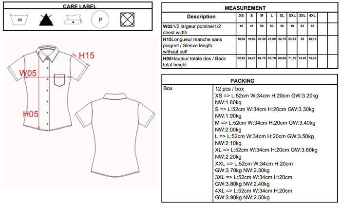 guide des tailles du Chemises personnalis�es - K548 - Chemise femme m.courtes polycoton JUDITH Kariban