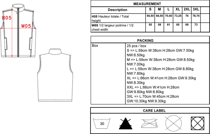 guide des tailles du Bodywarmer et vestes de travail personnalis�s - K679 - BODYWARMER RECORD